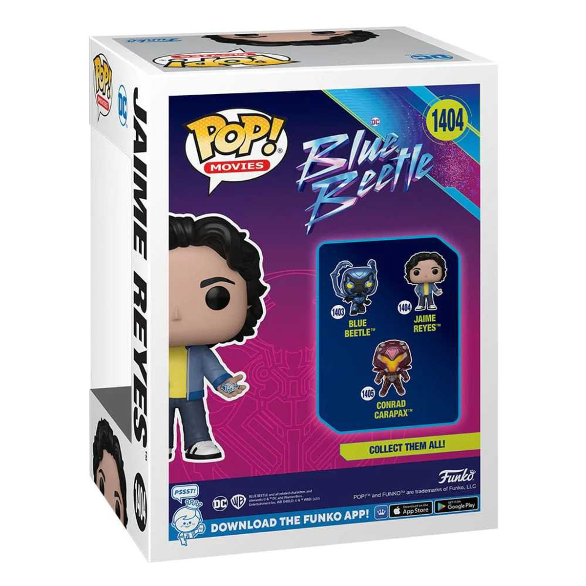 Caja de Funko Pop de Blue Beetle, con el personaje y visuales adicionales.