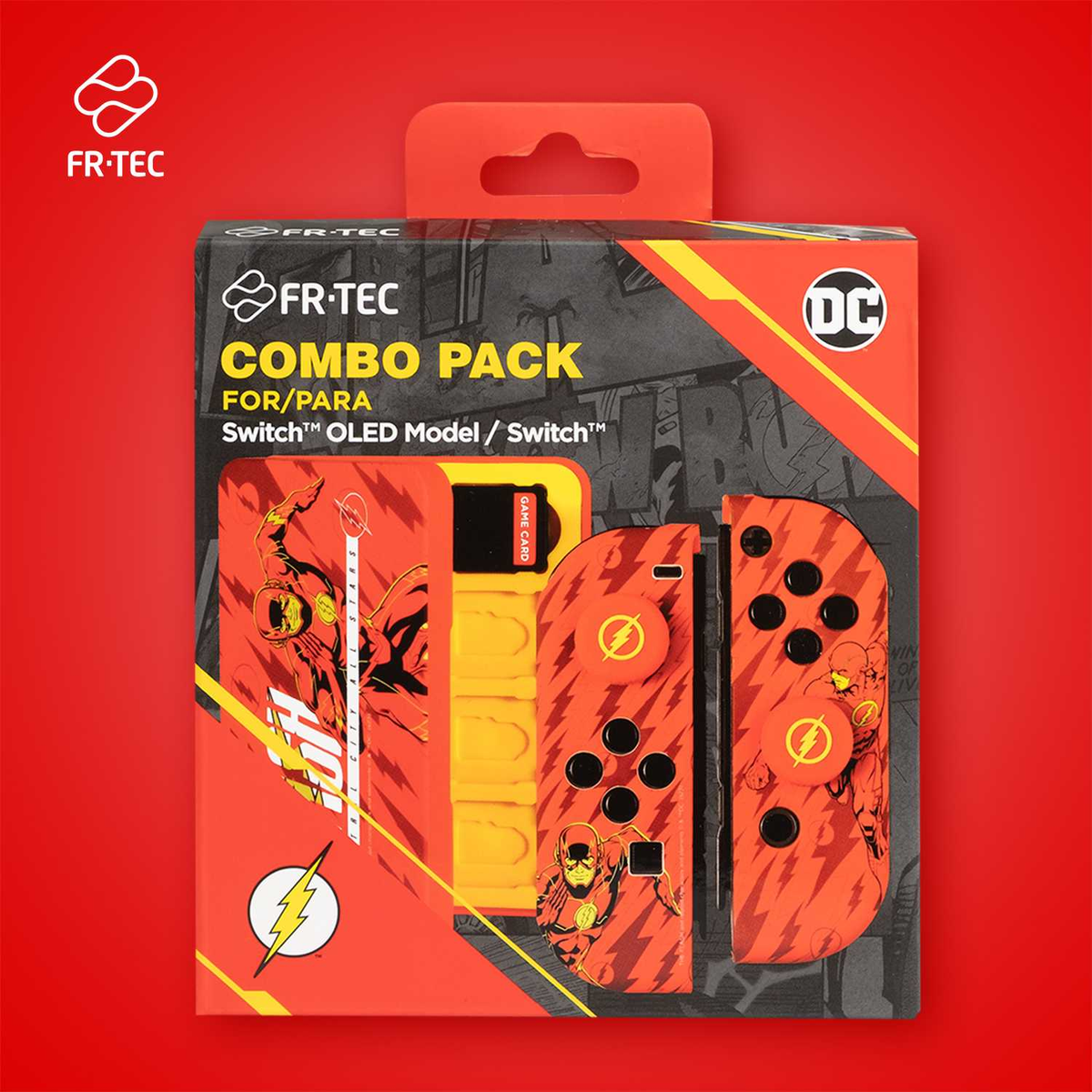 Caja de combo pack para Switch OLED, con diseño de Flash y tarjeta de juego.
