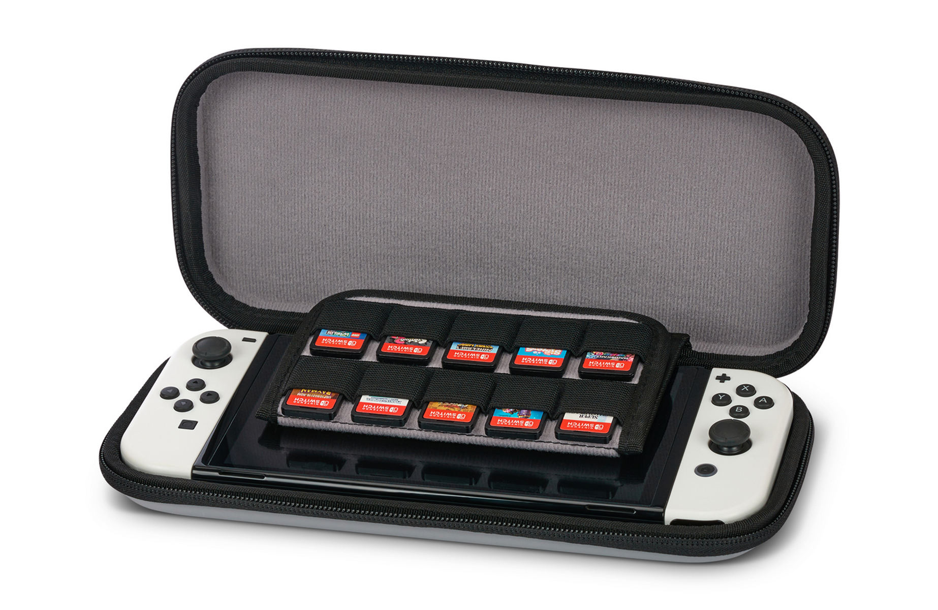 Estuche Switch gris abierto con una consola Switch y cartuchos de juego dentro.