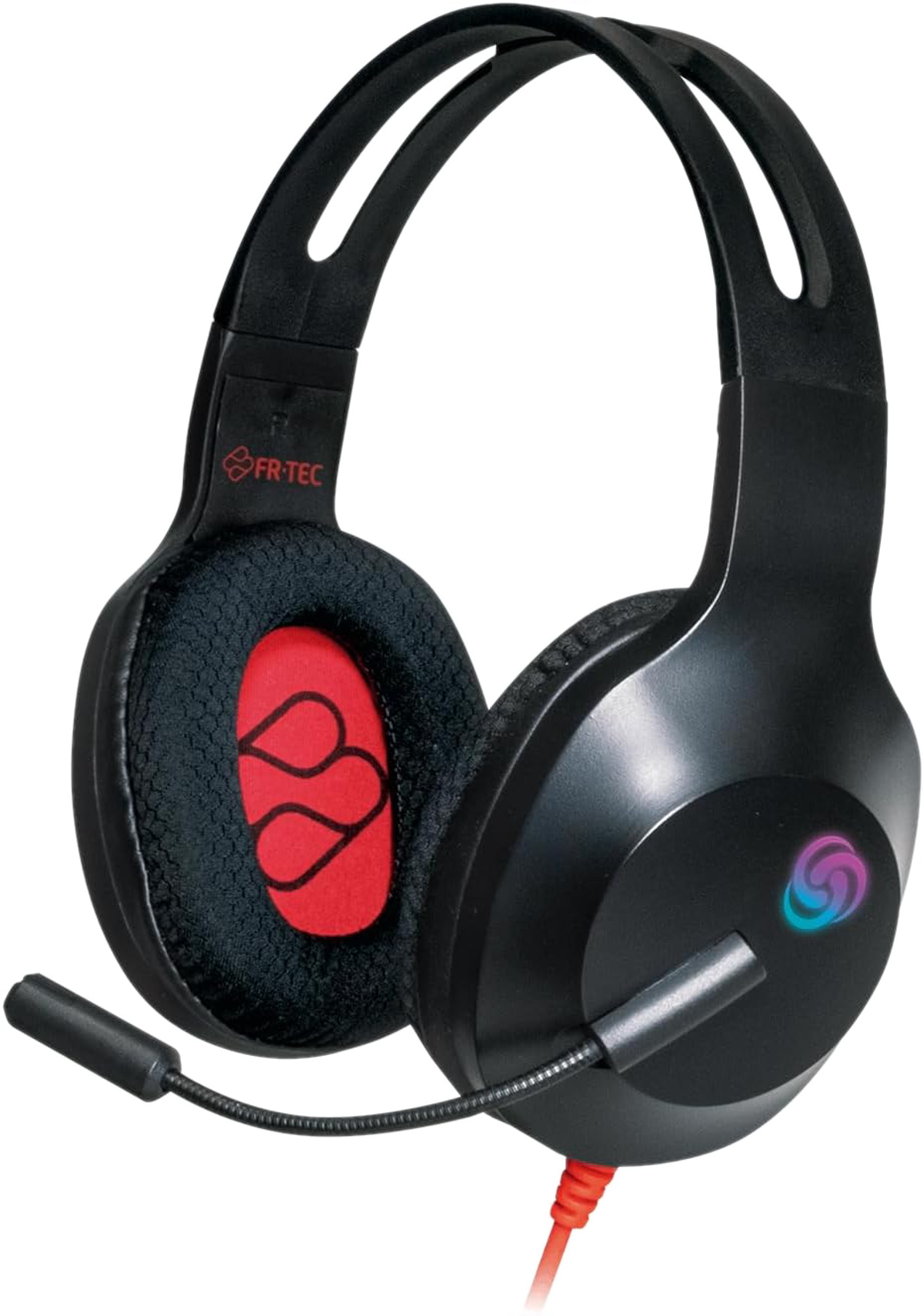 Czarne i czerwone słuchawki gamingowe FR-TEC. Muszle są czarne z czerwonym wnętrzem.