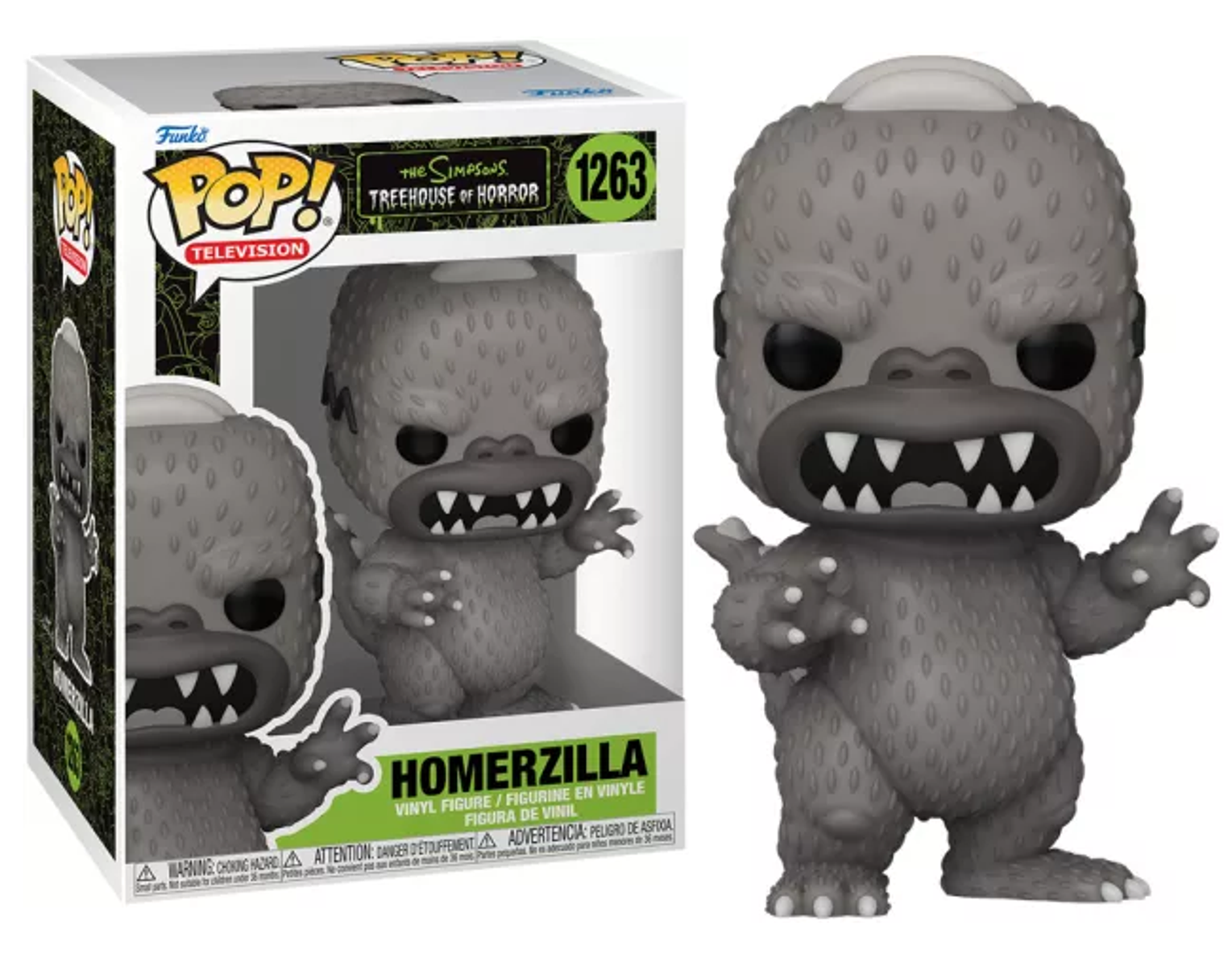 Figura di Homerzilla dei Simpson. Grigia e in una scatola con Homerzilla.