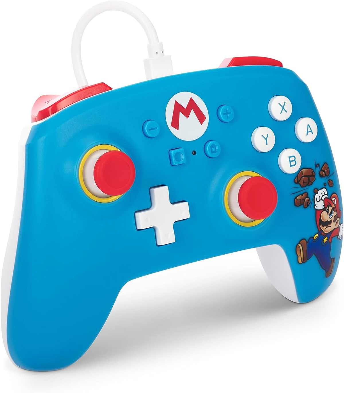 Blauer Nintendo Switch-Controller mit Mario. Rote Akzente auf Knöpfen und Joysticks. Weißes Plus und Kabel.