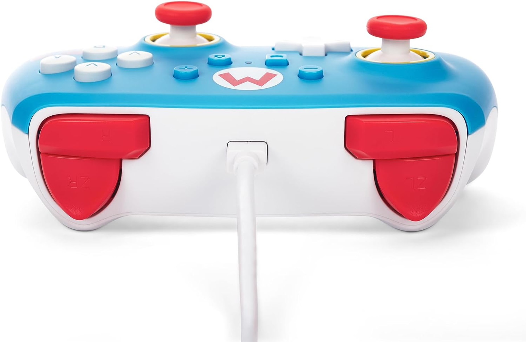 Ein blau-weißer Nintendo Switch Controller mit roten Knöpfen und einem weißen Kabel.