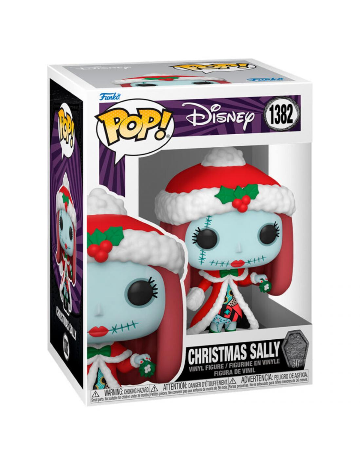 Una statuetta Funko Pop di Christmas Sally in una scatola espositiva, con un design festivo.