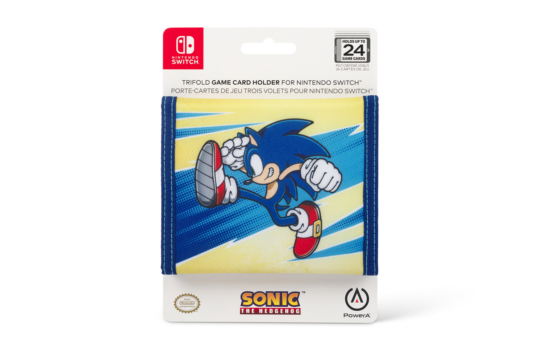 Soporte para tarjetas de juego de Sonic the Hedgehog con un gráfico de Sonic, sobre fondo blanco.