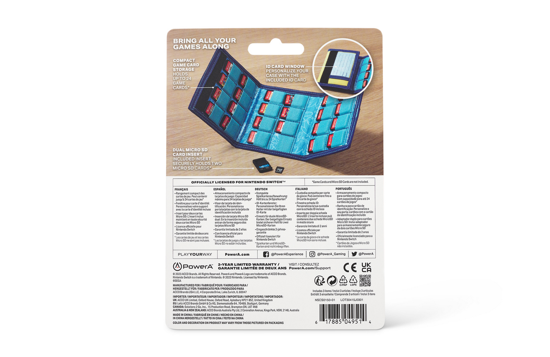 Empaque de estuche de cartuchos de juego con texto y soporte azul y rojo.