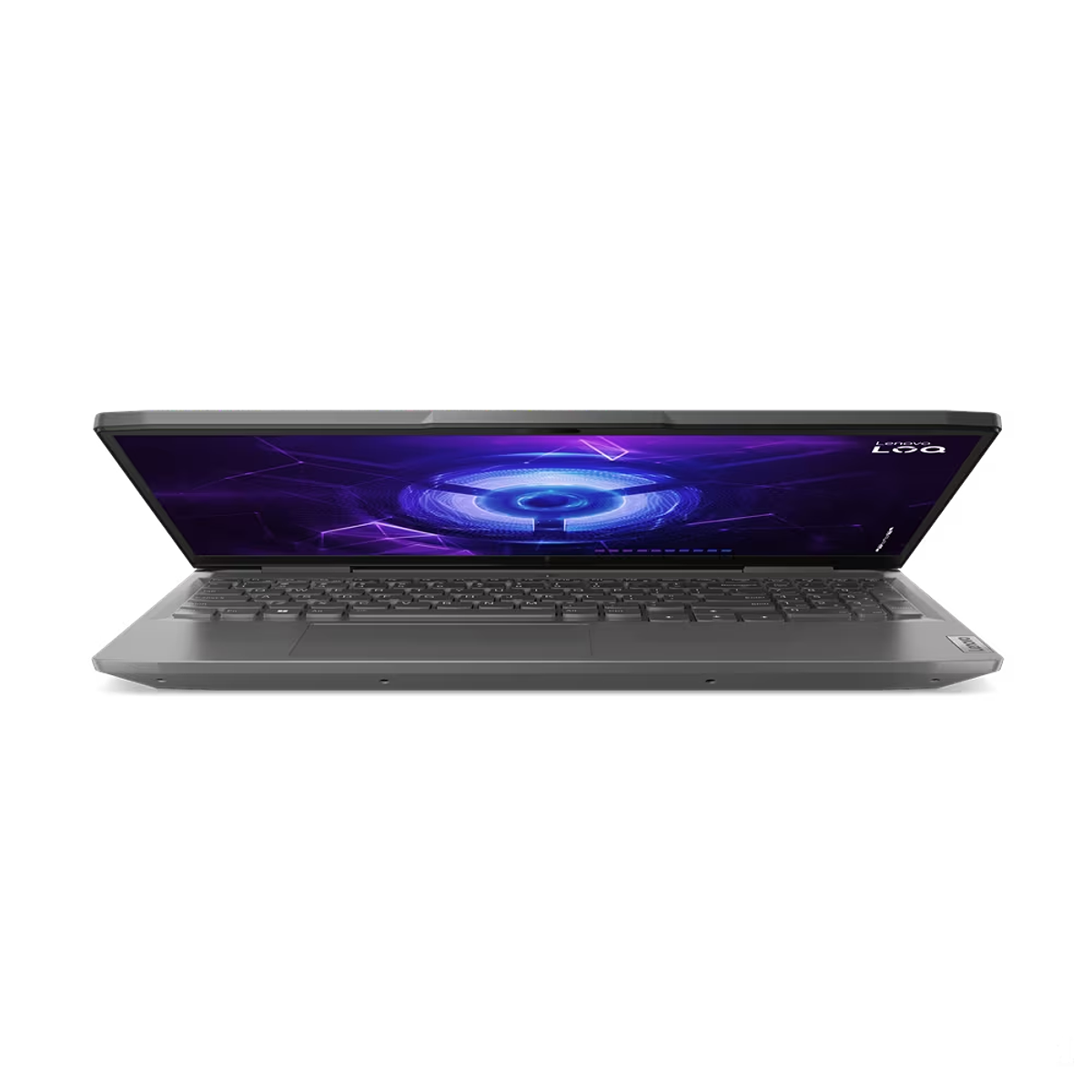Laptop Lenovo, abierto, mostrando pantalla con logo e interfaz, fondo negro.