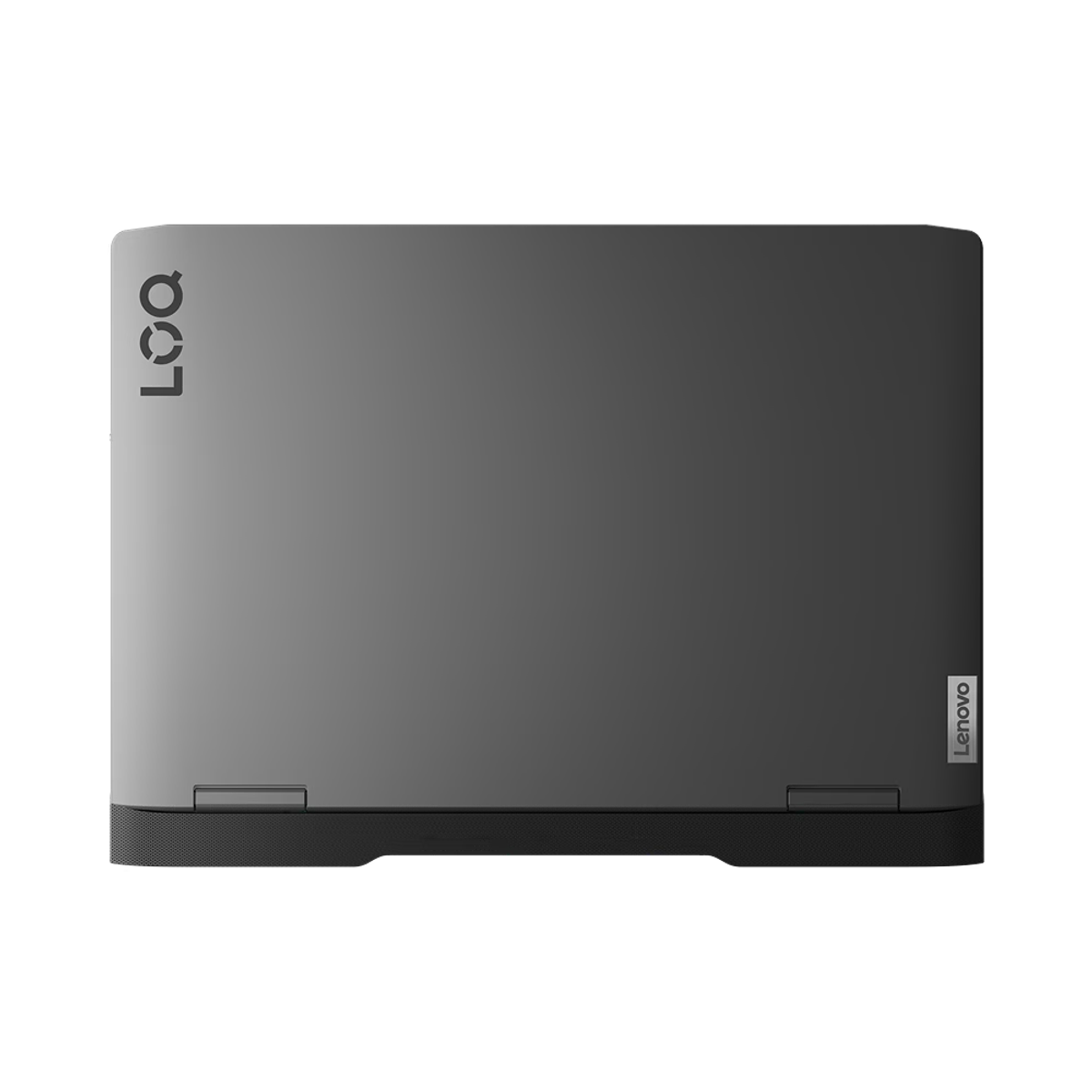 Portátil Lenovo gris, vista superior, con el logotipo de la marca arriba a la izquierda. Bisagra visible.