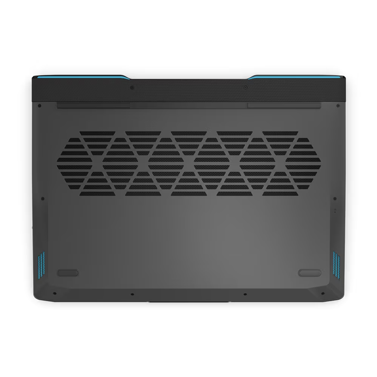 Vista inferior de un portátil negro con detalles azules y un diseño de ventilación enrejado.