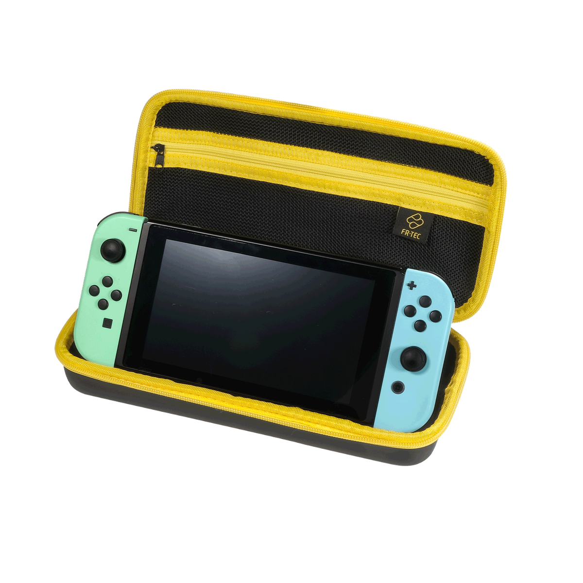 Estuche Nintendo Switch abierto con una consola Switch dentro. Estuche amarillo y negro.