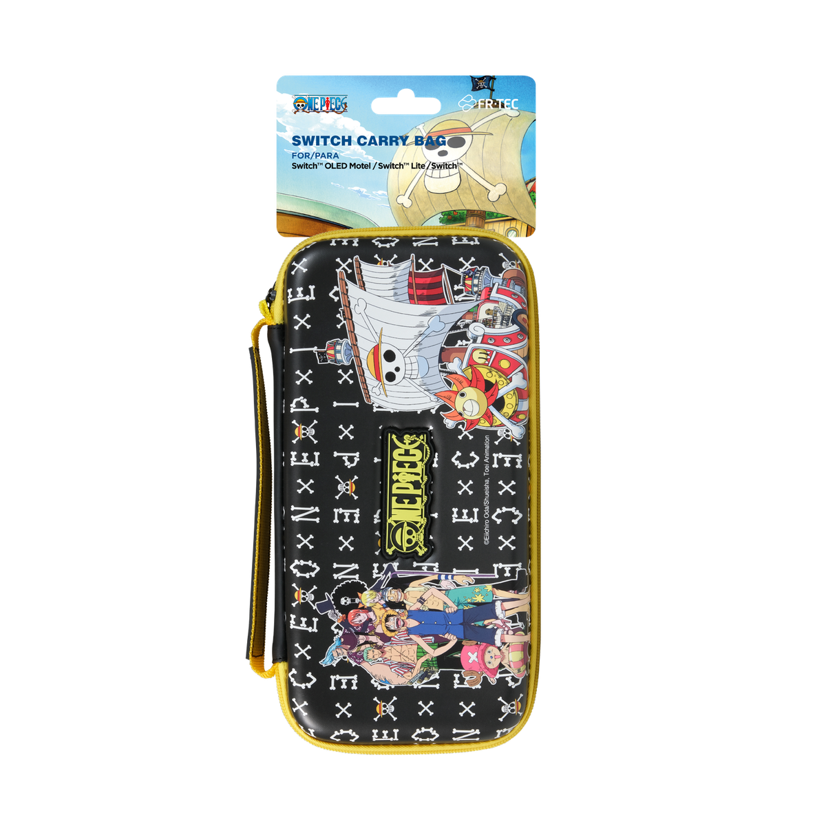 Custodia per Switch One Piece con illustrazioni di personaggi e nave, cerniera gialla e sfondo nero.