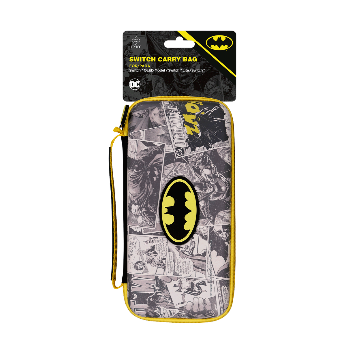 Funda de transporte Batman Switch con diseño de collage de cómics, colores negro y amarillo.