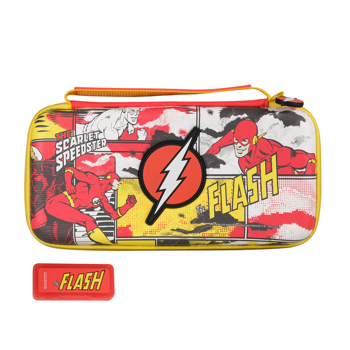 Funda estilo cómic de Flash. Borde amarillo, logo Flash. Paneles cómics rojo y amarillo.