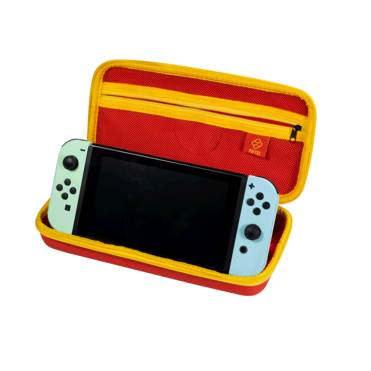 Una funda roja y amarilla con una Nintendo Switch dentro.