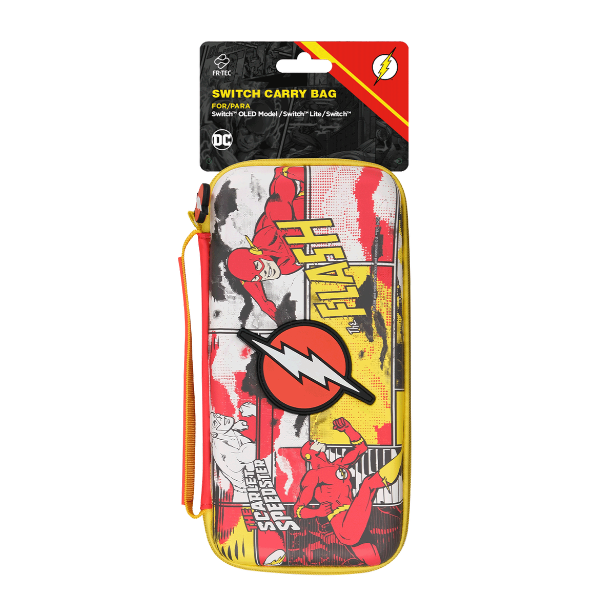 Bolsa de transporte Switch de The Flash. Rojo y amarillo con ilustraciones y logo de Flash. Con cremallera y embalaje.