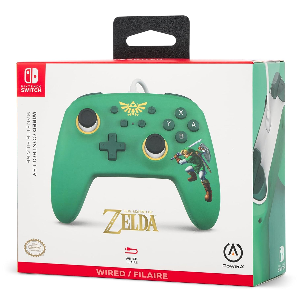 Zielony kontroler Nintendo Switch w stylu Zelda w pudełku, białe tło.