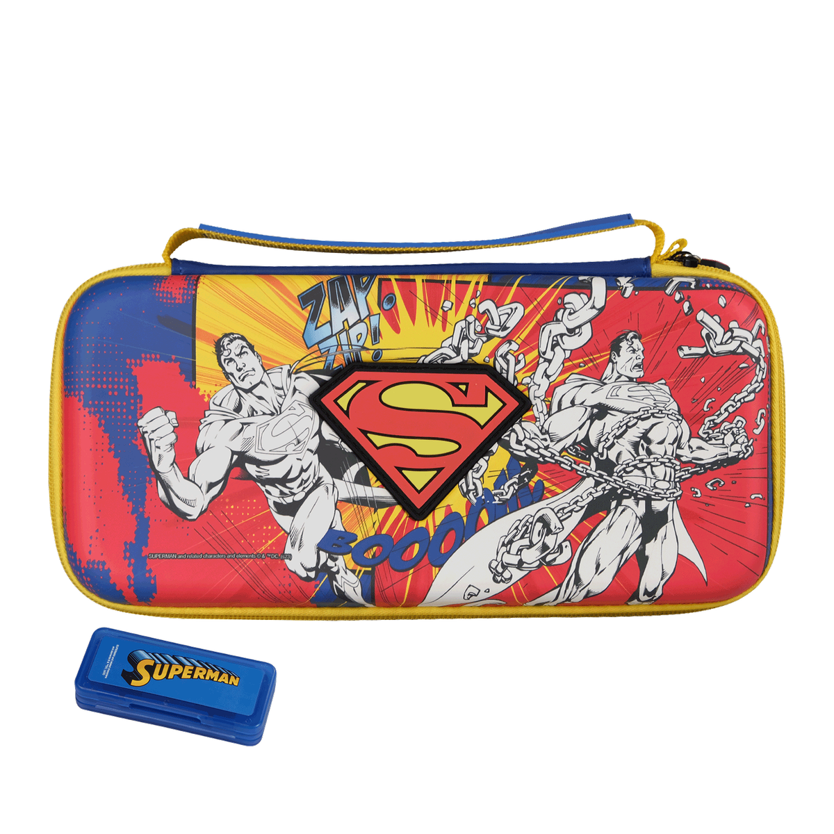 Funda Superman Switch, dos imágenes de Superman, colores rojo y azul. También visible una funda azul.