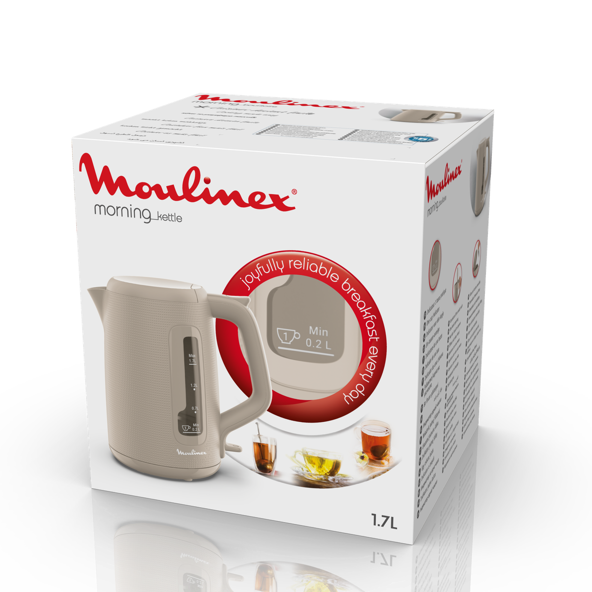 Bollitore Moulinex beige, 1,7L, su scatola con testo e immagini di tè.