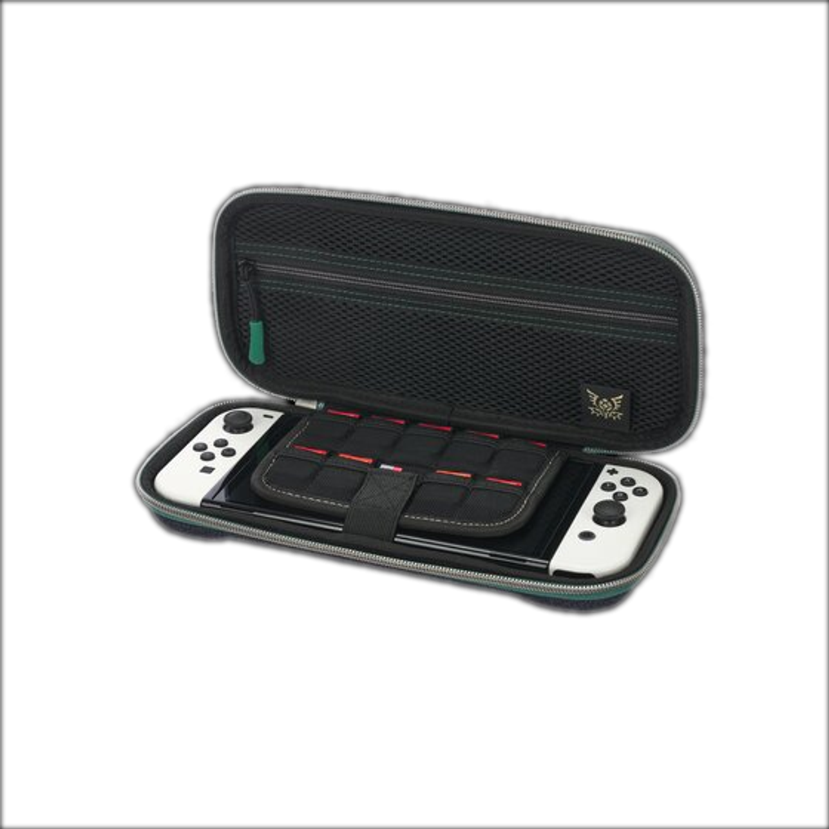 Estuche negro, abierto con una consola Switch y mandos dentro.