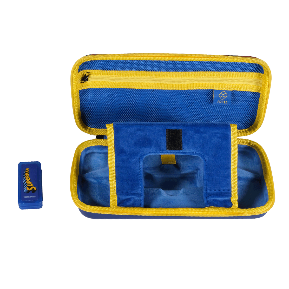Estuche de Superman azul y amarillo abierto, con interior azul y tarjeta de juego de Superman.