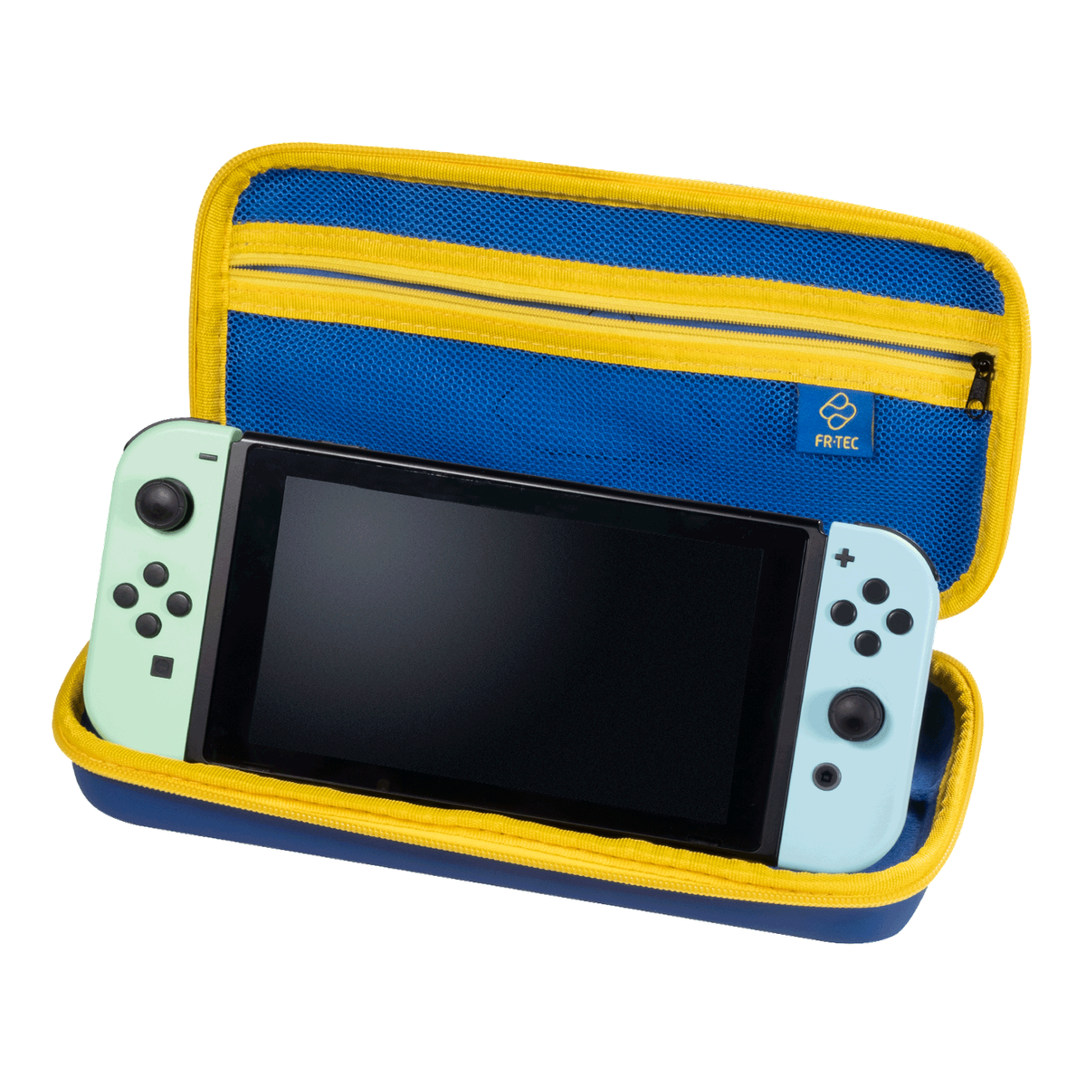 Una consola Nintendo Switch en un estuche abierto azul y amarillo. La Switch es azul claro y verde menta.