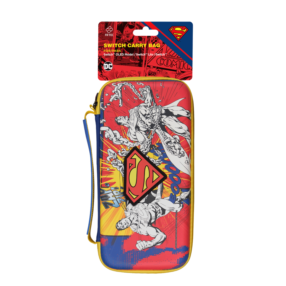 Bolsa de transporte Switch con temática de Superman, diseño de arte de cómic, colores rojo y azul.