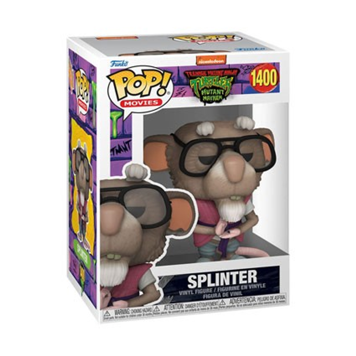 Figura di Splinter in scatola dei Teenage Mutant Ninja Turtles. È un oggetto da collezione.