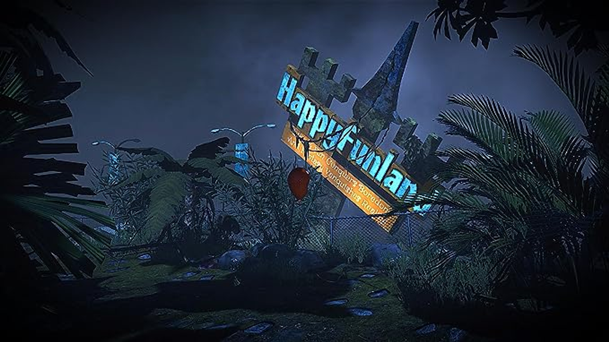 Opuszczony, podświetlany znak z napisem 'Happy Funland' nad zarośniętą roślinnością w ciemnej scenie.
