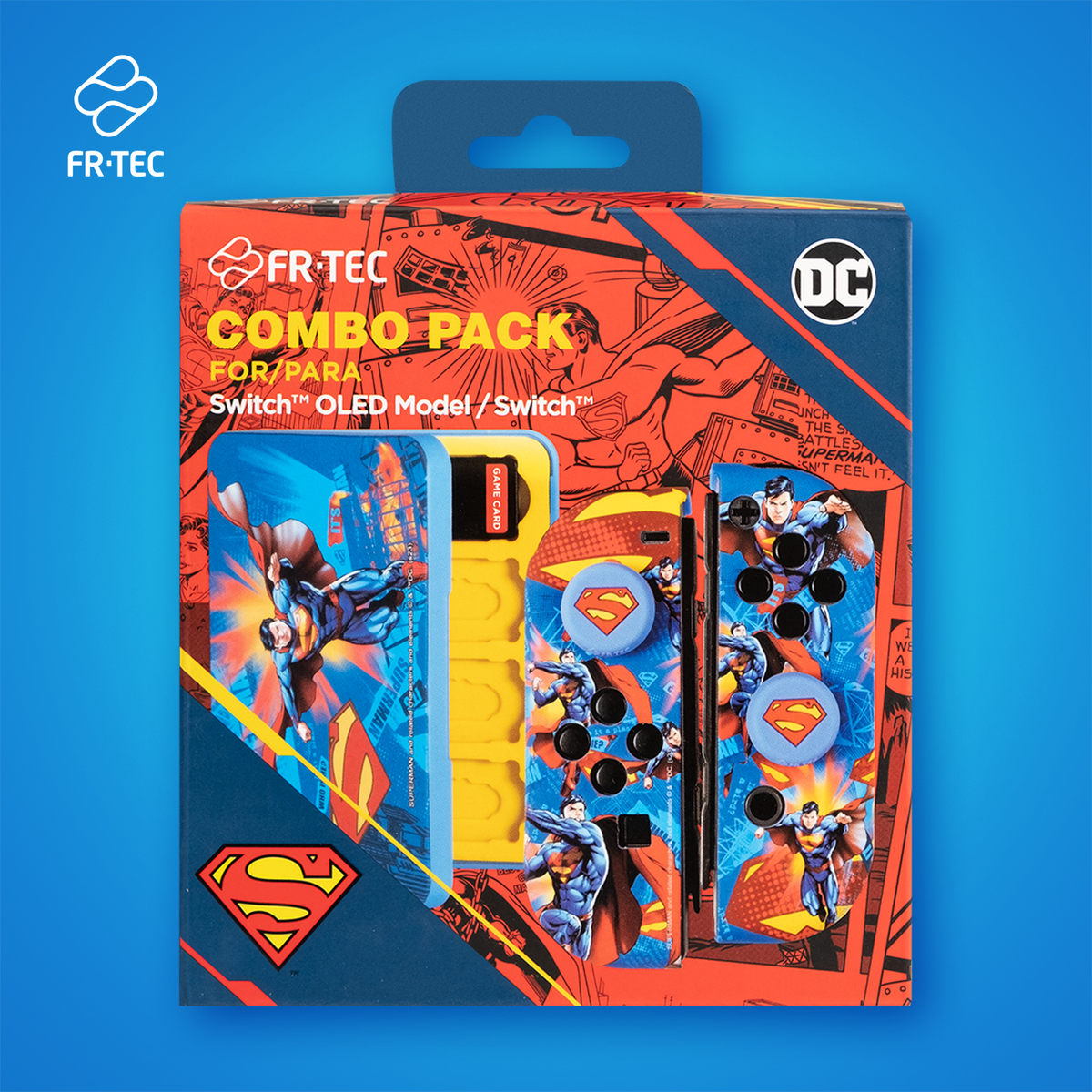 Paquete combinado de Superman para Switch OLED/Switch, con mando y tarjeta de juego.