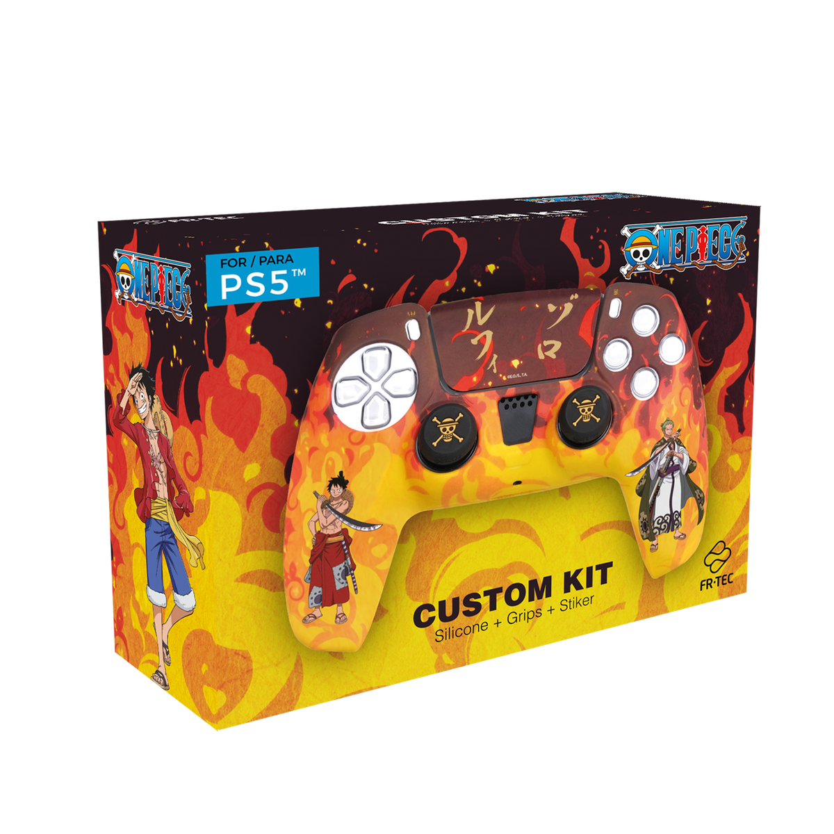 Mando PS5 en caja. El mando tiene diseño naranja y amarillo con personajes de anime.