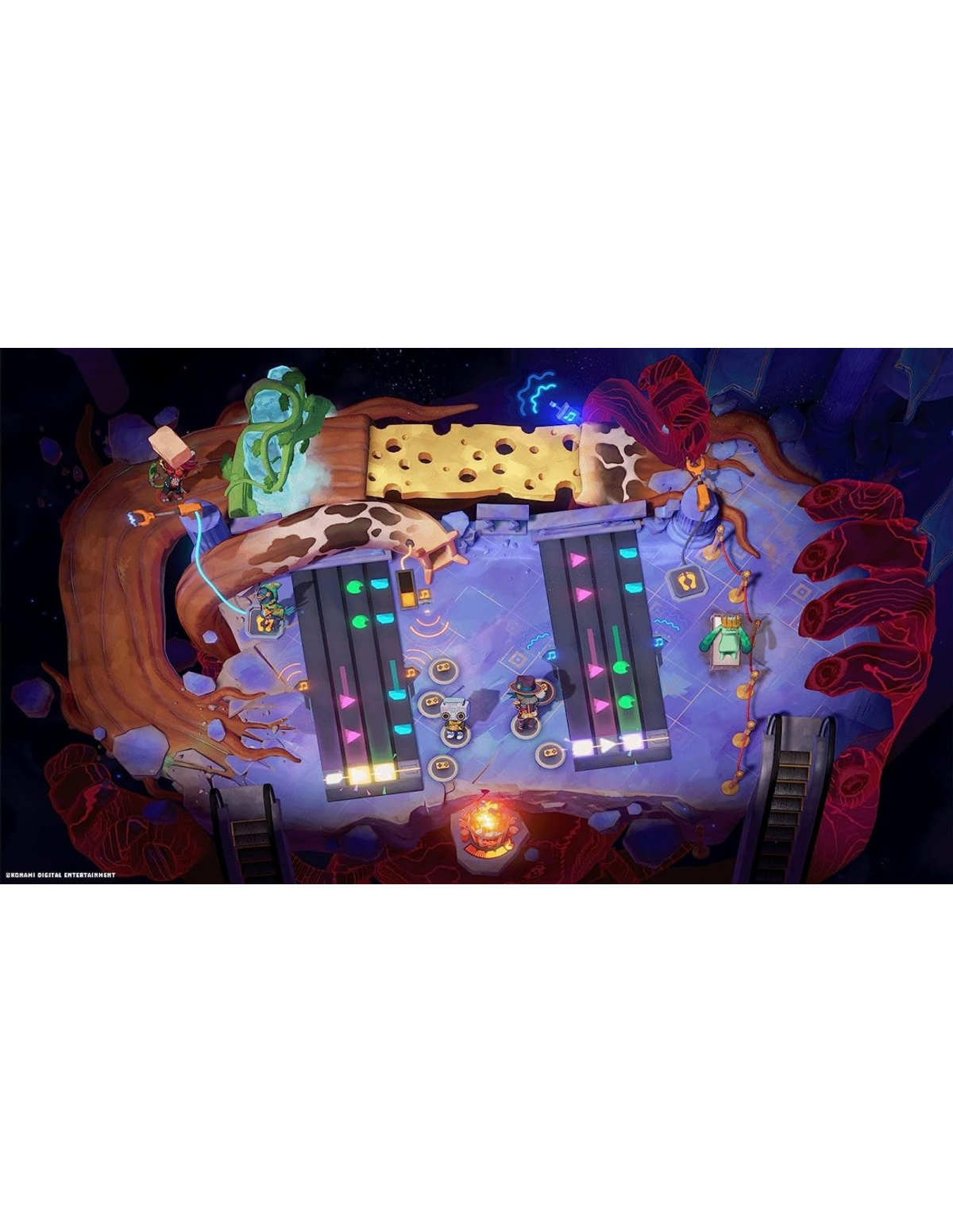 Vista cenital de un escenario de dibujos animados. Personajes en él. Luces y bloque de queso.