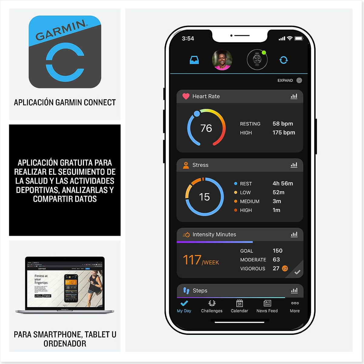 Una interfaz de la aplicación Garmin Connect en un teléfono y una computadora, y un logotipo.