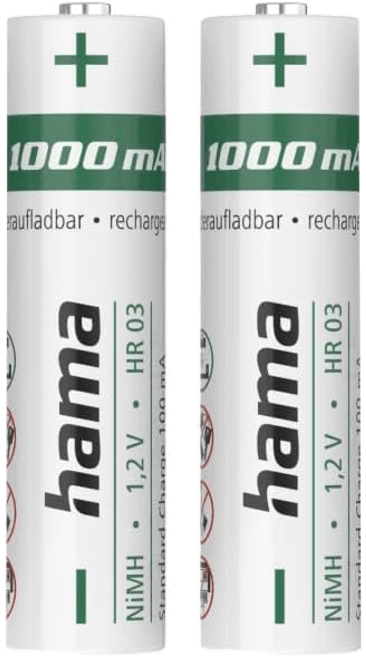 Dwie białe baterie Hama. Baterie mają zielone i białe etykiety.
