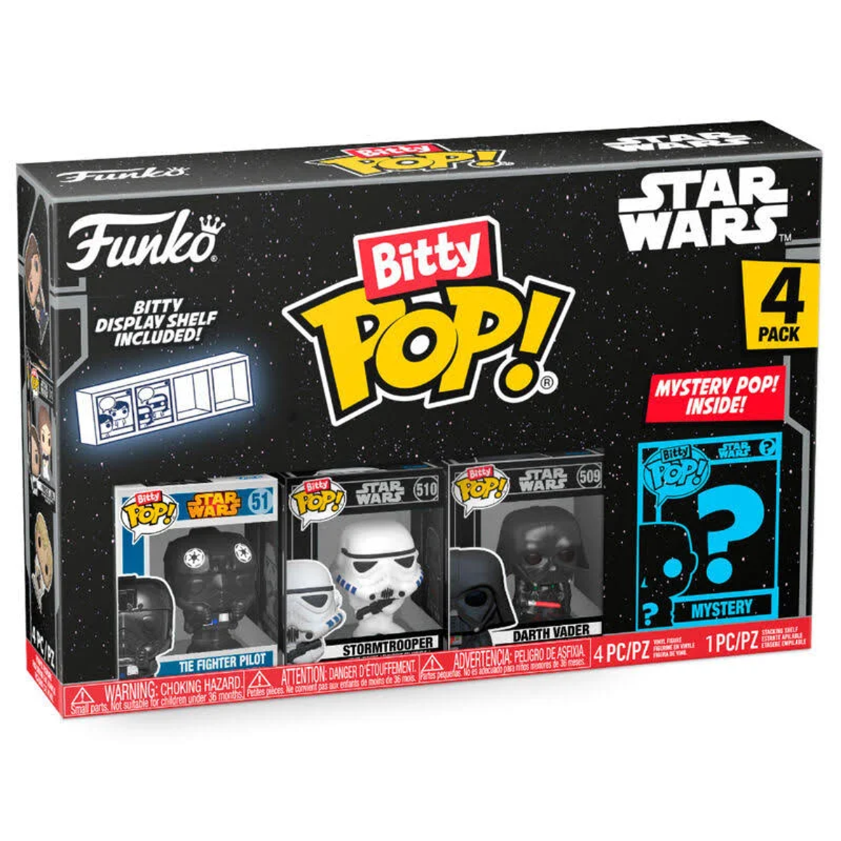 Scatola Funko Pop! Star Wars da 4 con quattro personaggi. Darth Vader, Stormtrooper, Pilota Tie Fighter.