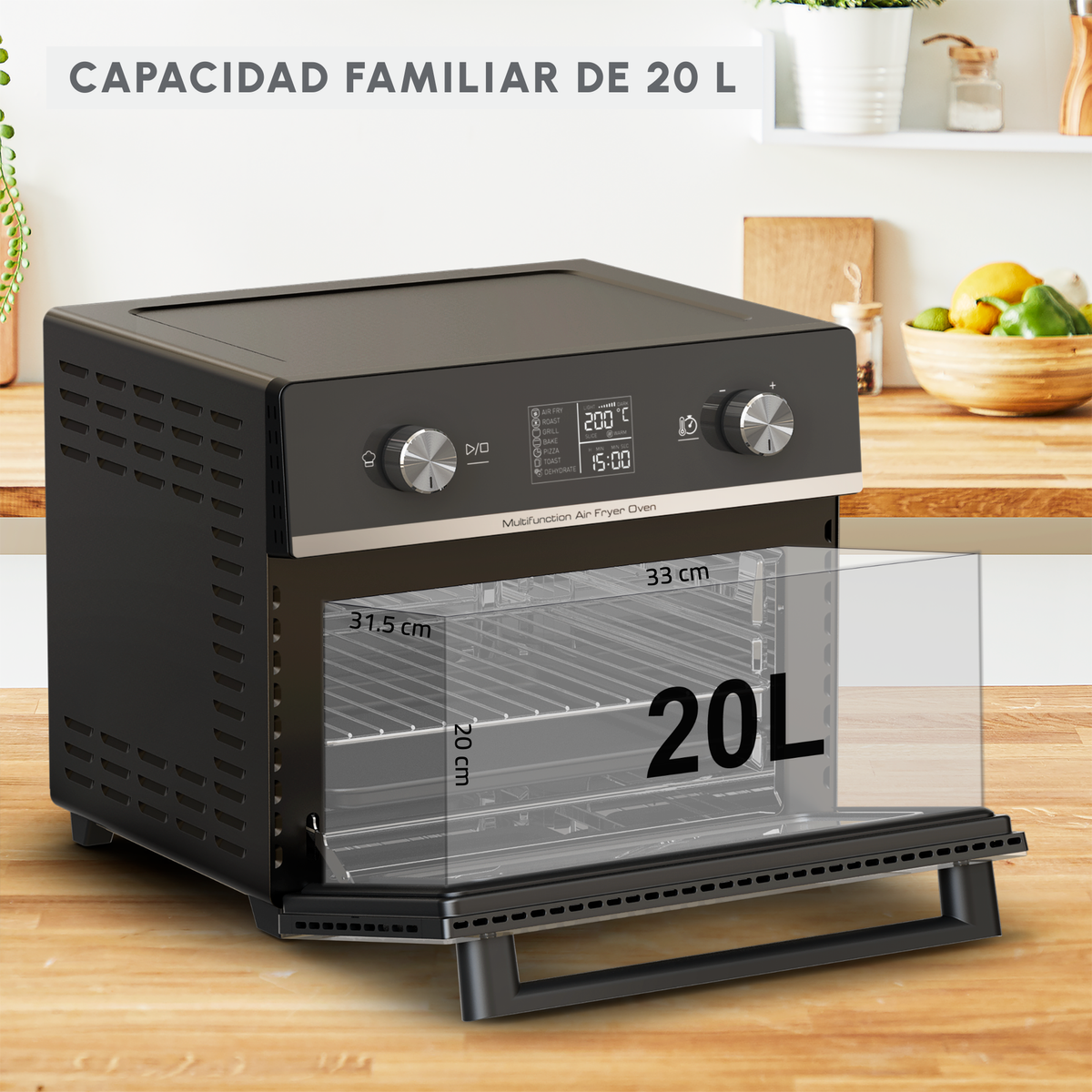 Forno friggitrice ad aria nero con porta aperta. Il forno mostra le impostazioni e le dimensioni.