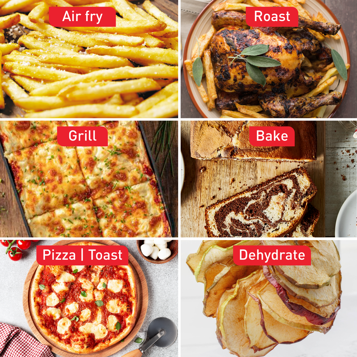 Un collage di immagini di cibo. Patatine fritte, pollo arrosto, pizza alla griglia, pane al forno, pizza e mele disidratate.