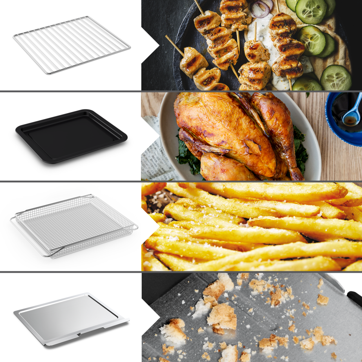 Quattro immagini: griglia, vassoio nero, cestino di filo e vassoio argentato; e cibo arrosto.