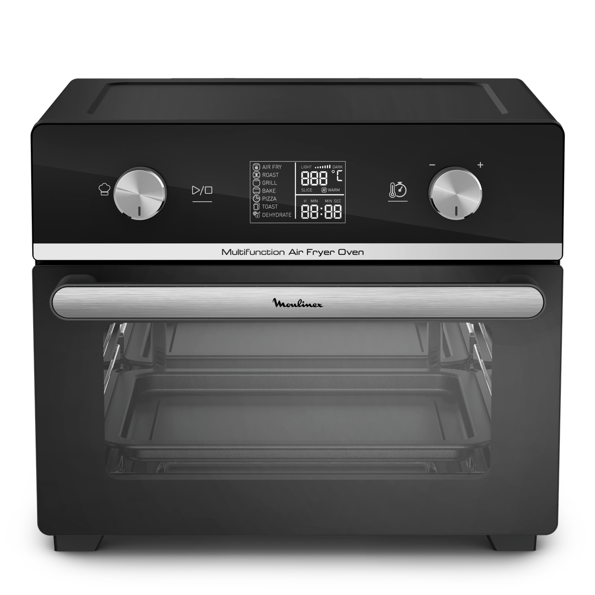 Un forno friggitrice ad aria multifunzione nero con display digitale e manopole di controllo. La porta è aperta.