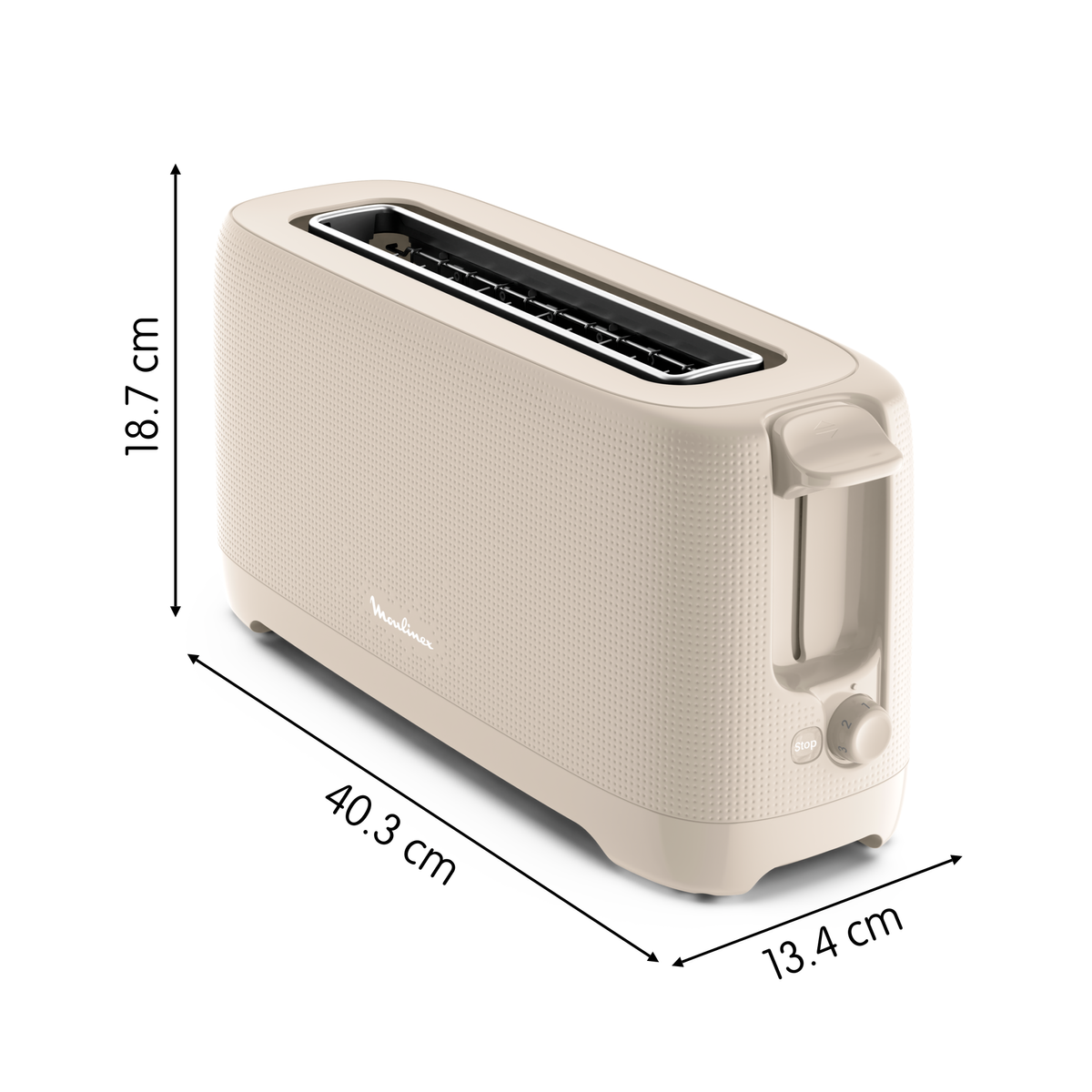Tostapane Moulinex beige con dimensioni.
