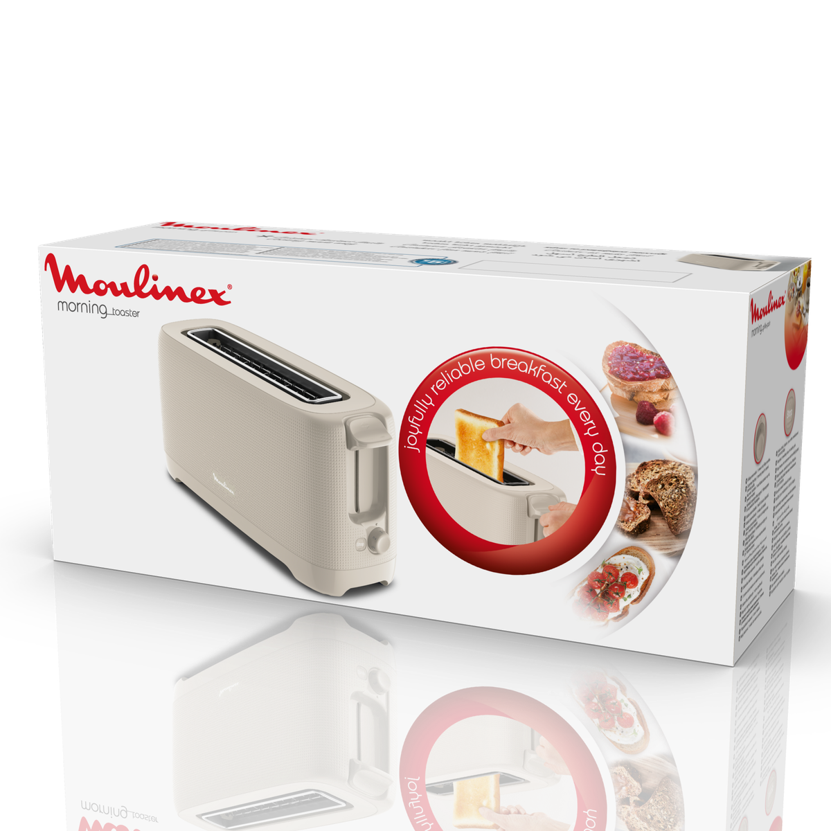 Tostapane e scatola. La scatola mostra un tostapane con toast e altri cibi.