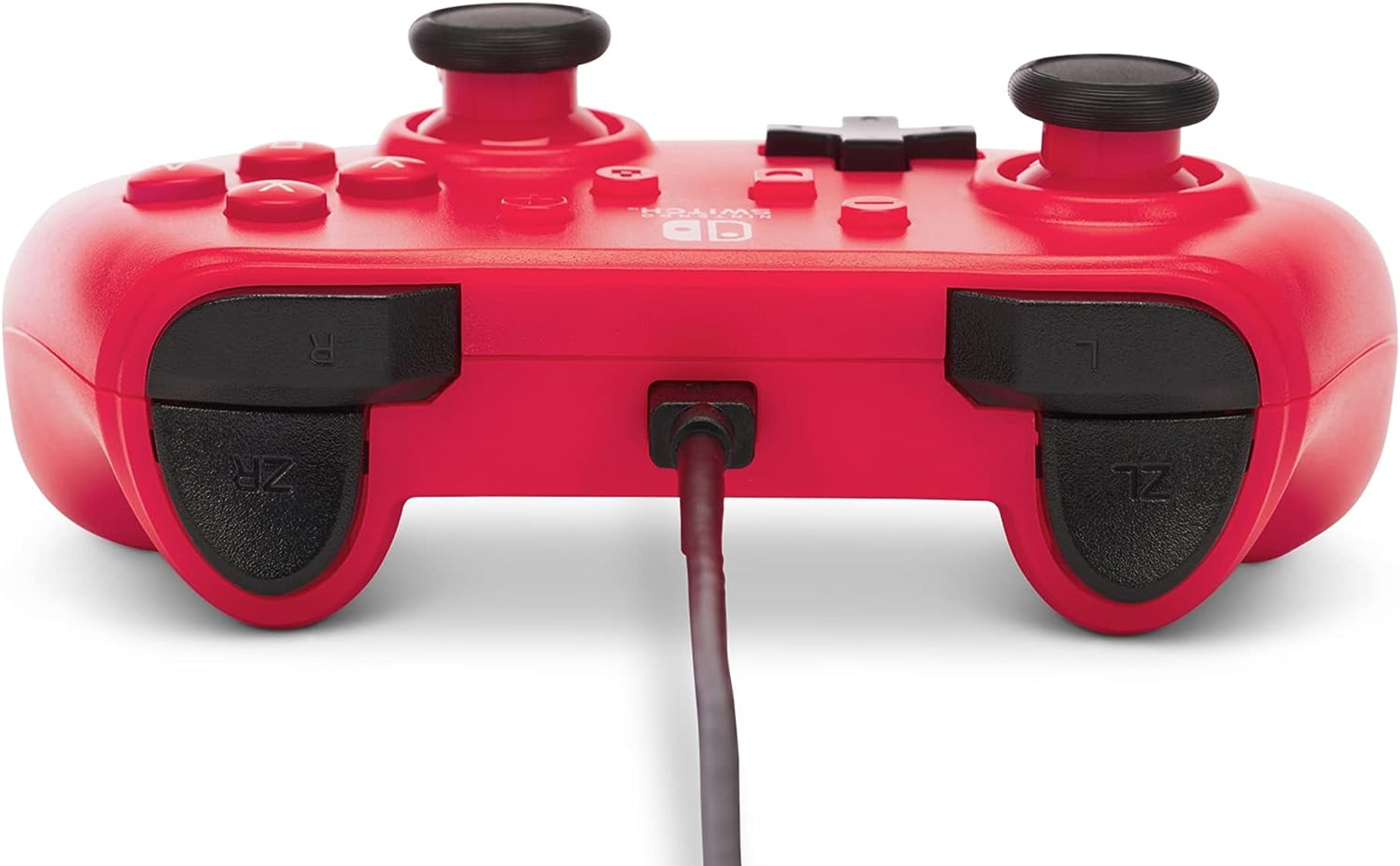Roter Nintendo Switch Controller mit schwarzen Joysticks, Knöpfen und einem Ladekabel.