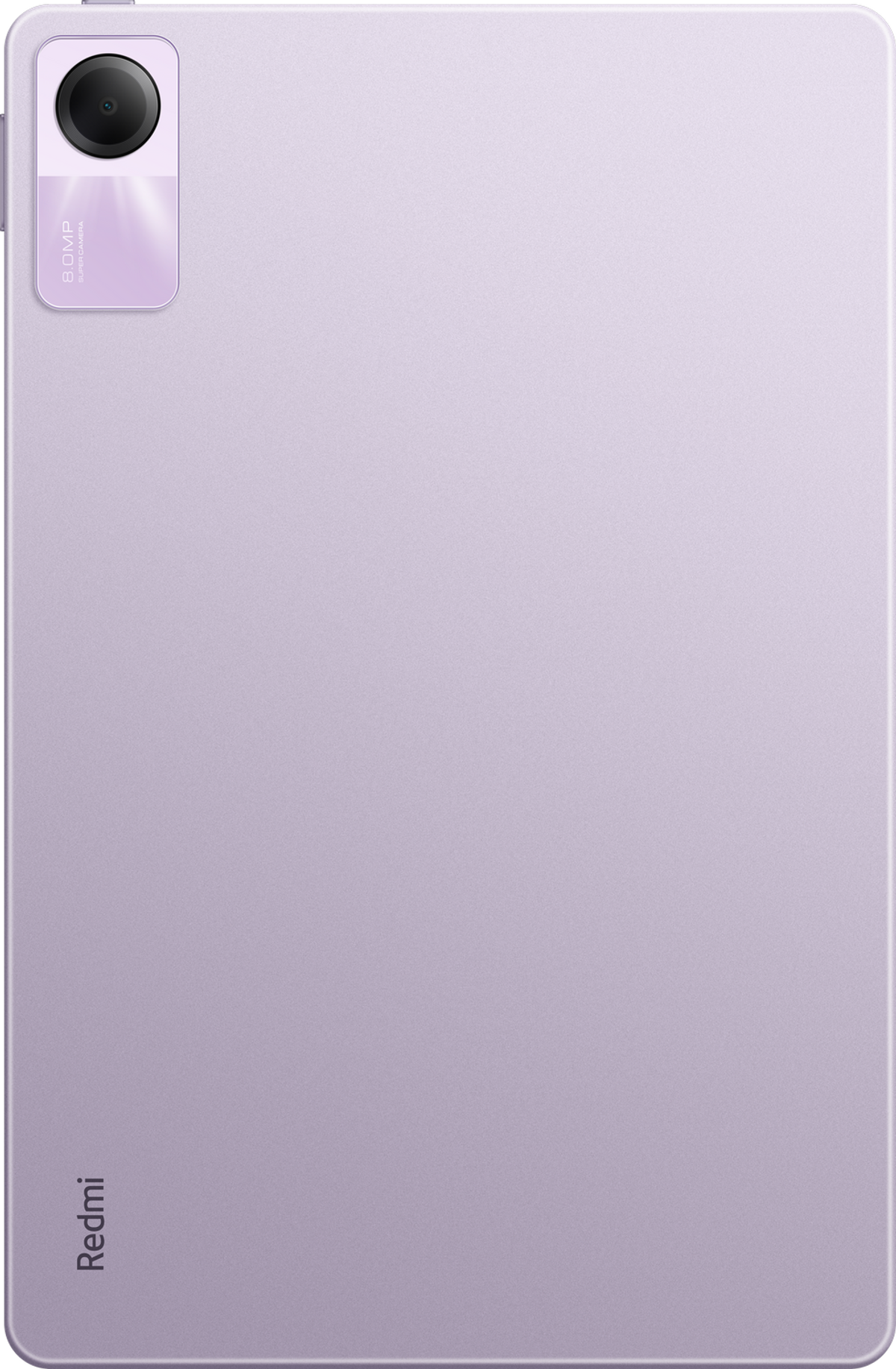 Jasnofioletowy tablet, tyłem do góry. Aparat znajduje się w lewym górnym rogu. Nazwa marki znajduje się na dole.