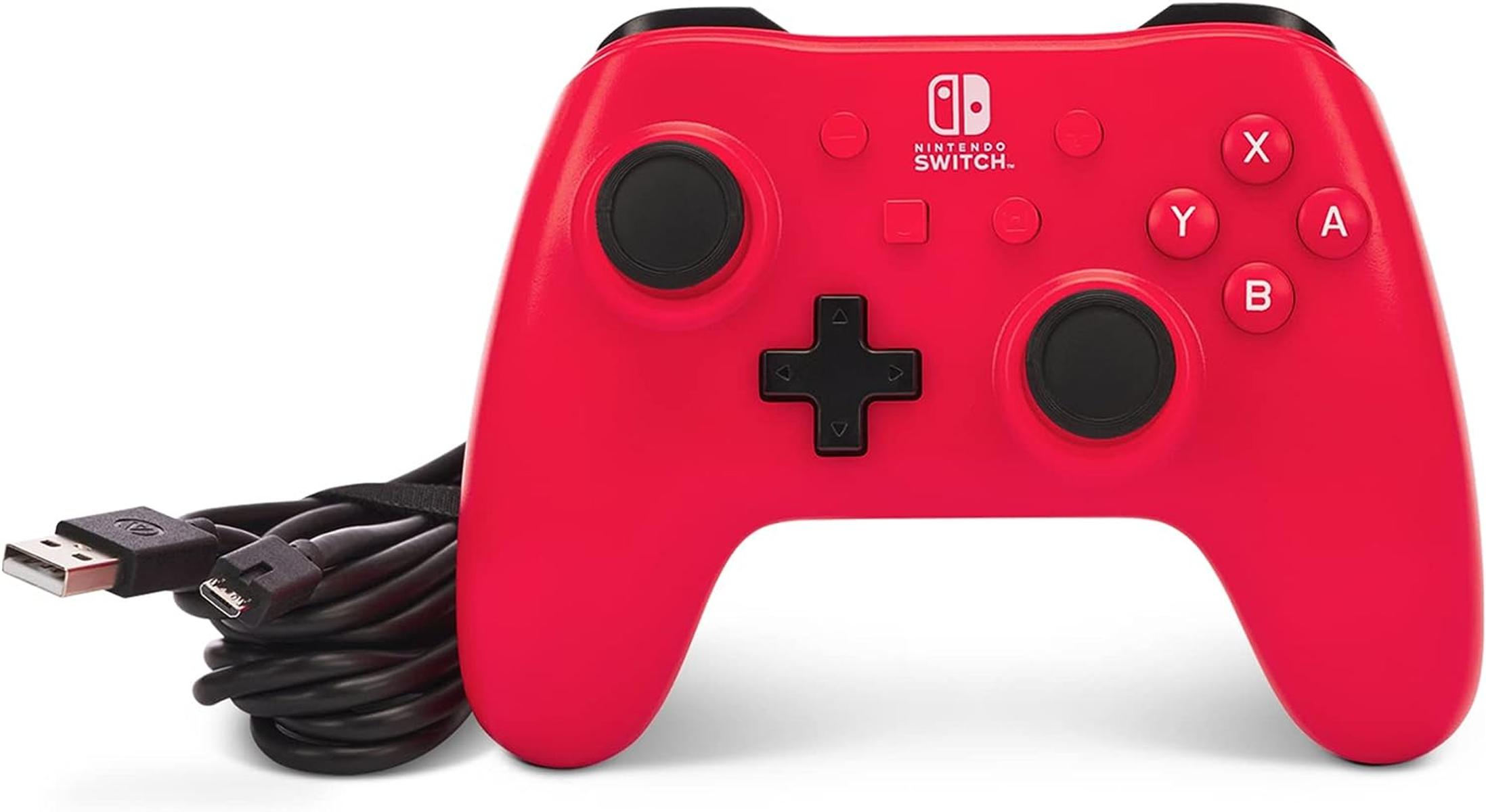 Roter Nintendo Switch Controller mit Knöpfen, Steuerkreuz und USB-Kabel.