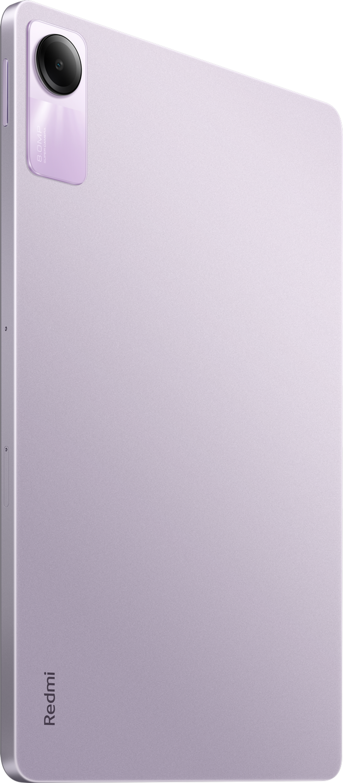 Fioletowy tablet, widok pod kątem. Obiektyw aparatu u góry. Logo Redmi na dole. Białe tło.