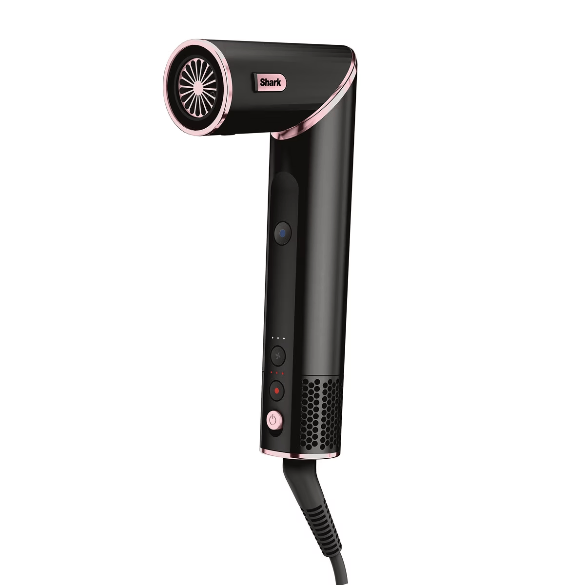Czarna i różowa suszarka do włosów z kablem.