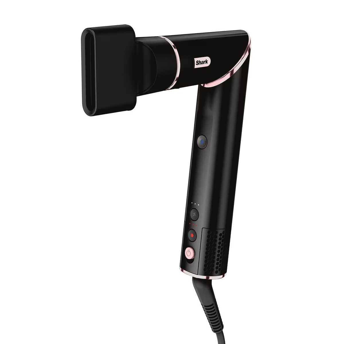 Czarna suszarka do włosów Shark. Widoczne są również różowe akcenty i przewód zasilający.