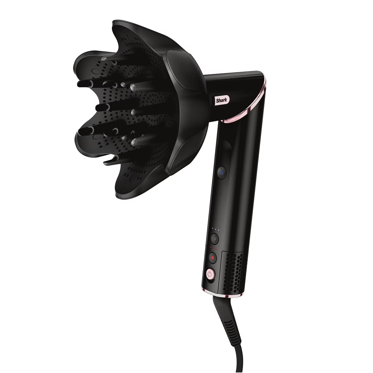 Czarna suszarka do włosów z dyfuzorem. Suszarka ma akcenty w kolorze różowego złota.