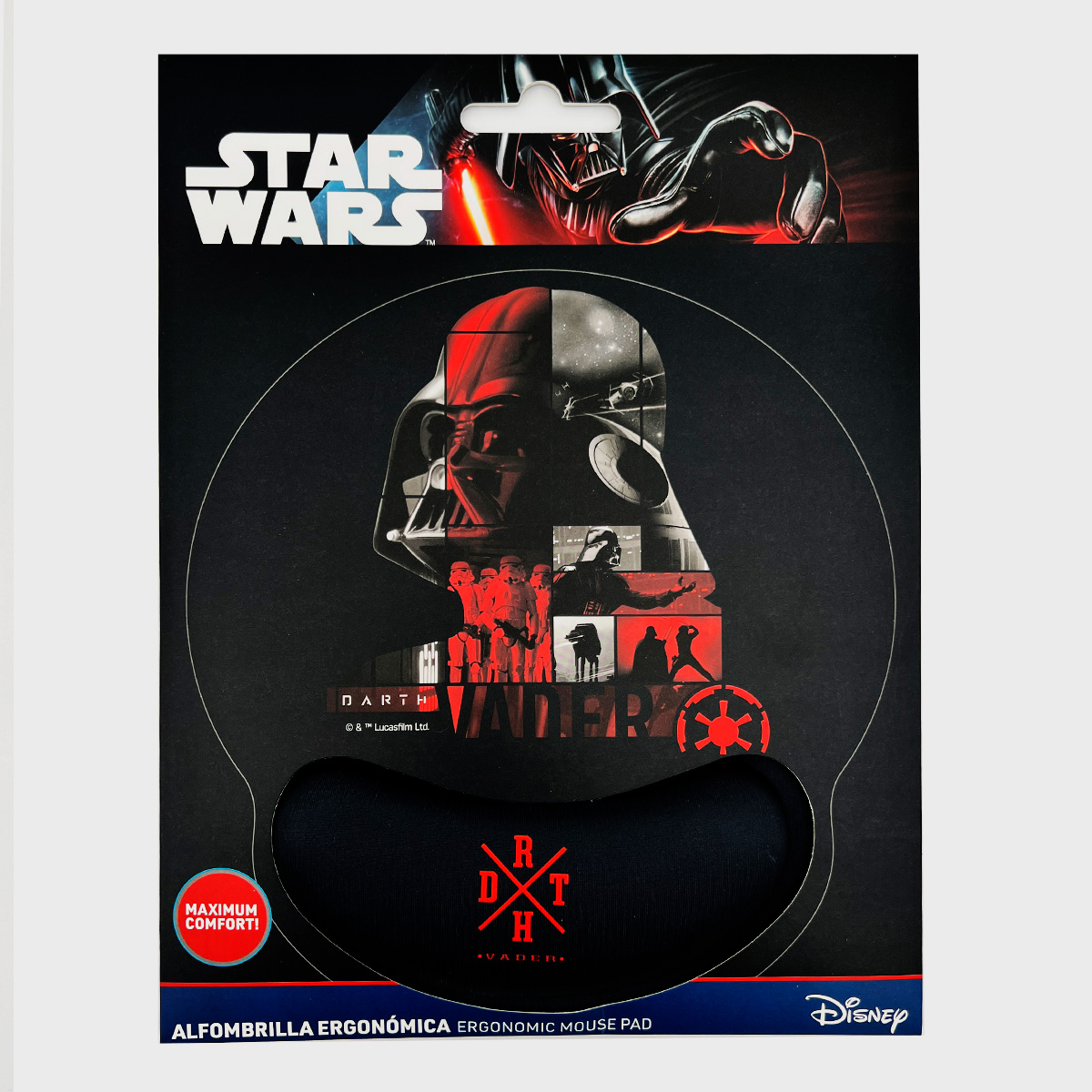 Star-Wars-Mauspad mit Darth Vaders Gesicht. Schwarze Basis mit ergonomischer Handgelenkauflage.