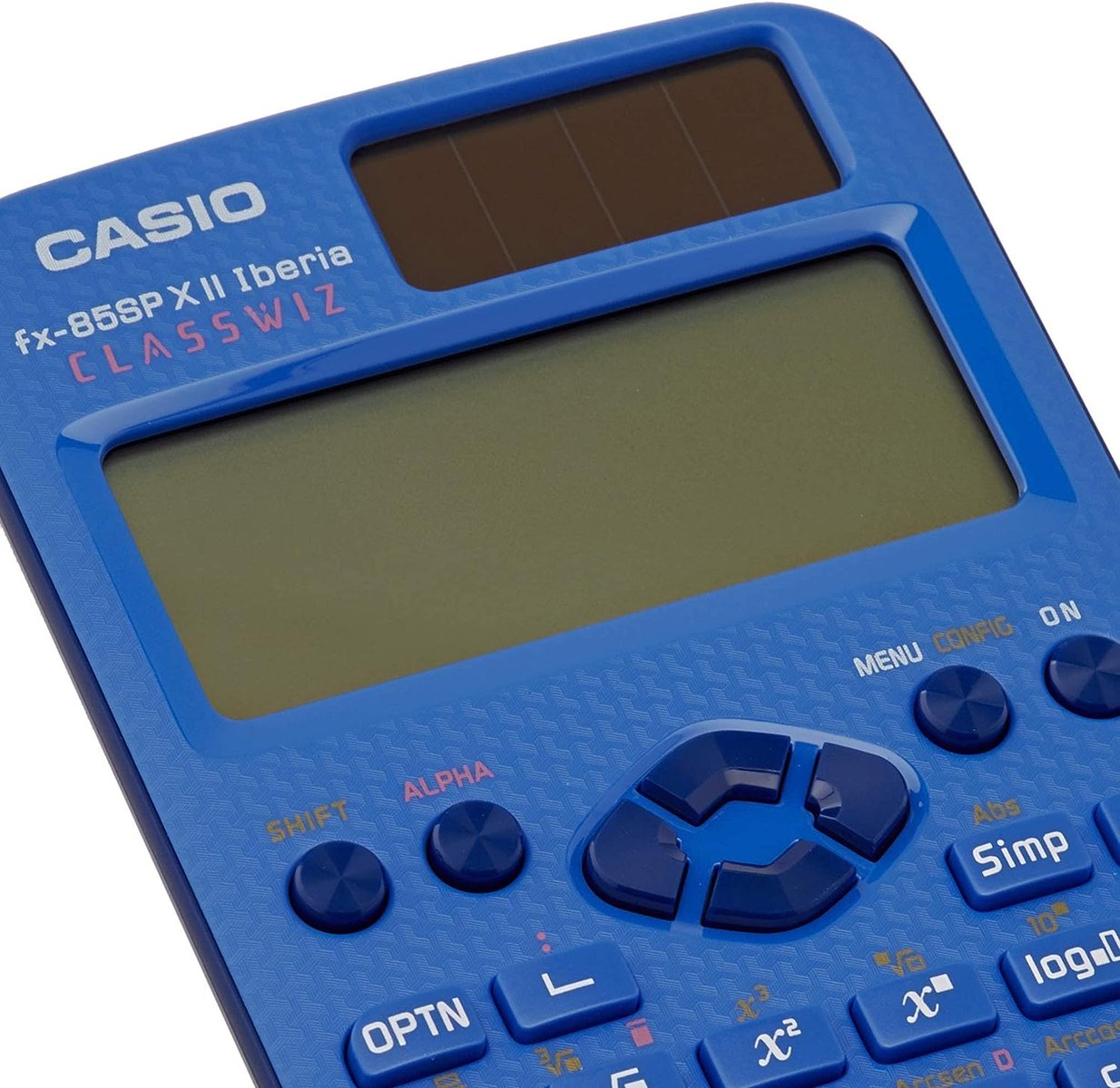 Niebieski kalkulator Casio z przyciskami i ekranem, widok z bliska.