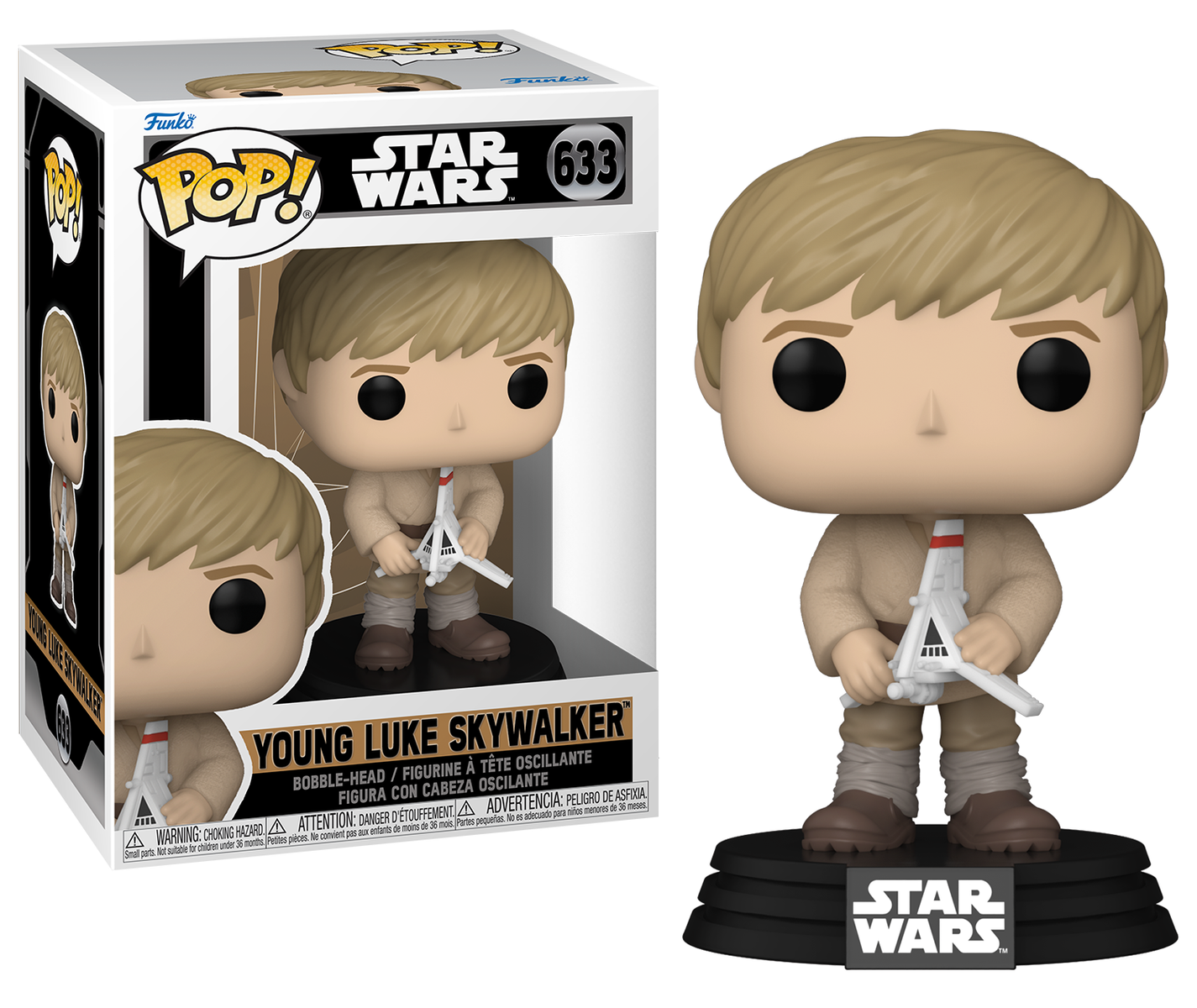 Figura Funko Pop di Young Luke Skywalker con una scatola a sinistra. Sfondo bianco.